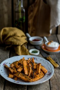Sweet Potato Fries on wooden table
