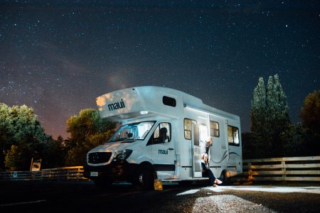 Senior life. Camper van at night  Senior life. Camper van at night